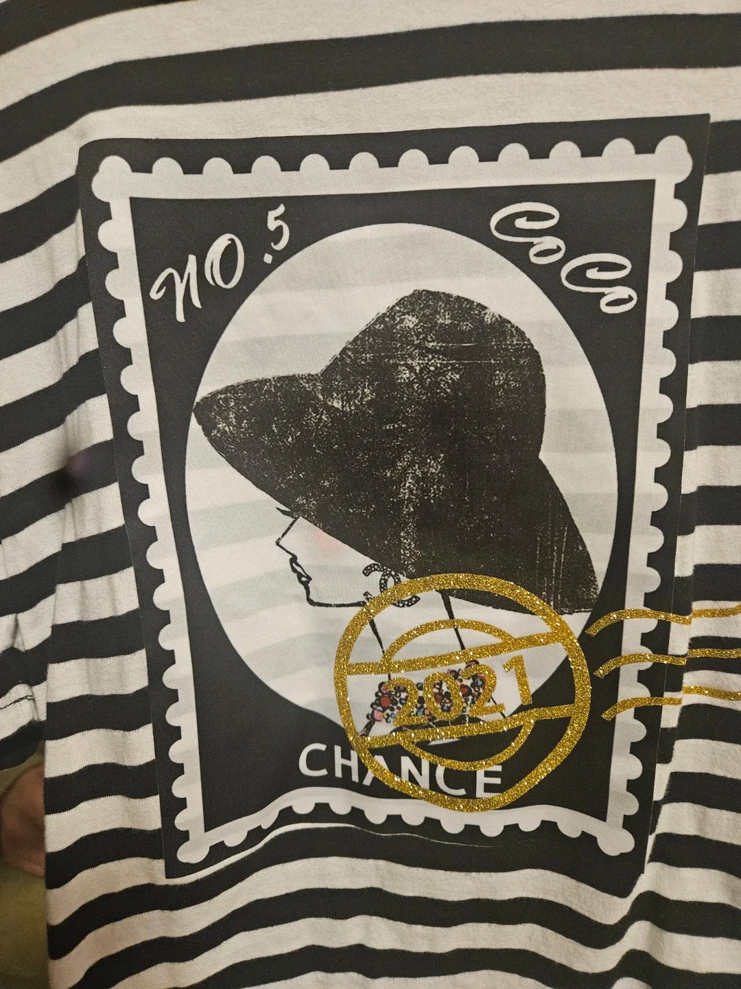 Black and White Striped T-Shirt with Stamp Graphic - photo 2