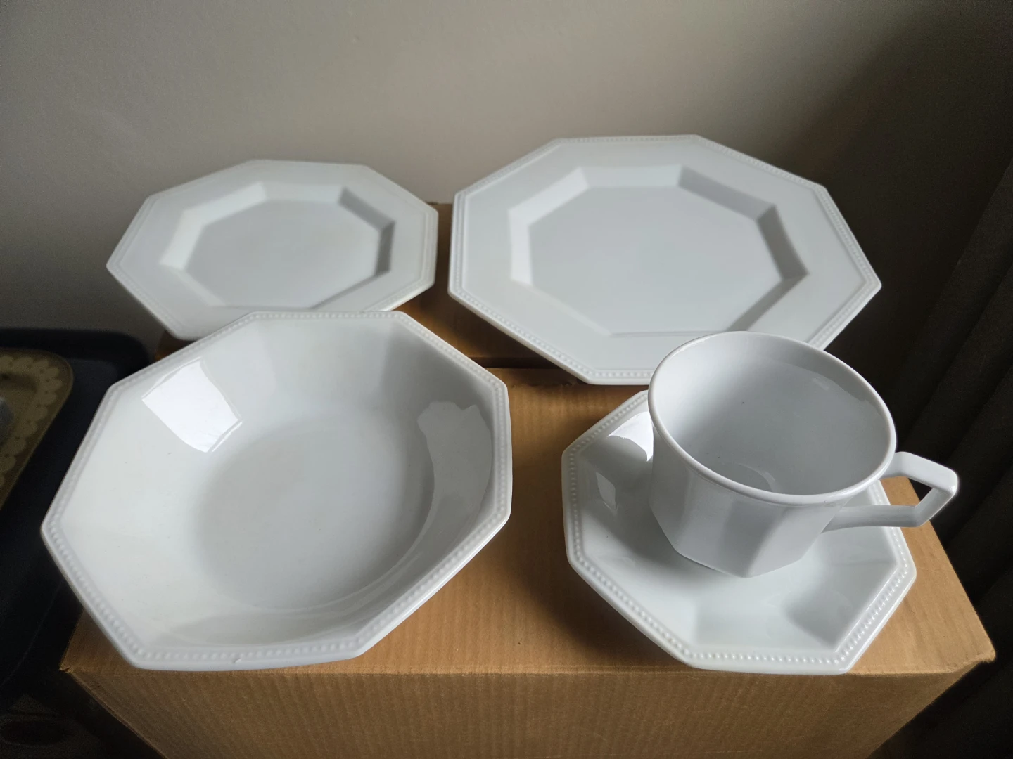 White Octagonal Dinnerware Set with Cups and Saucers