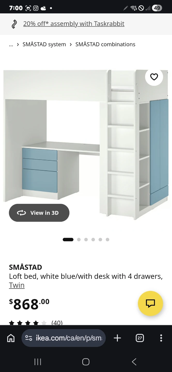 IKEA SMÅSTAD Loft Bed with Desk - Twin
