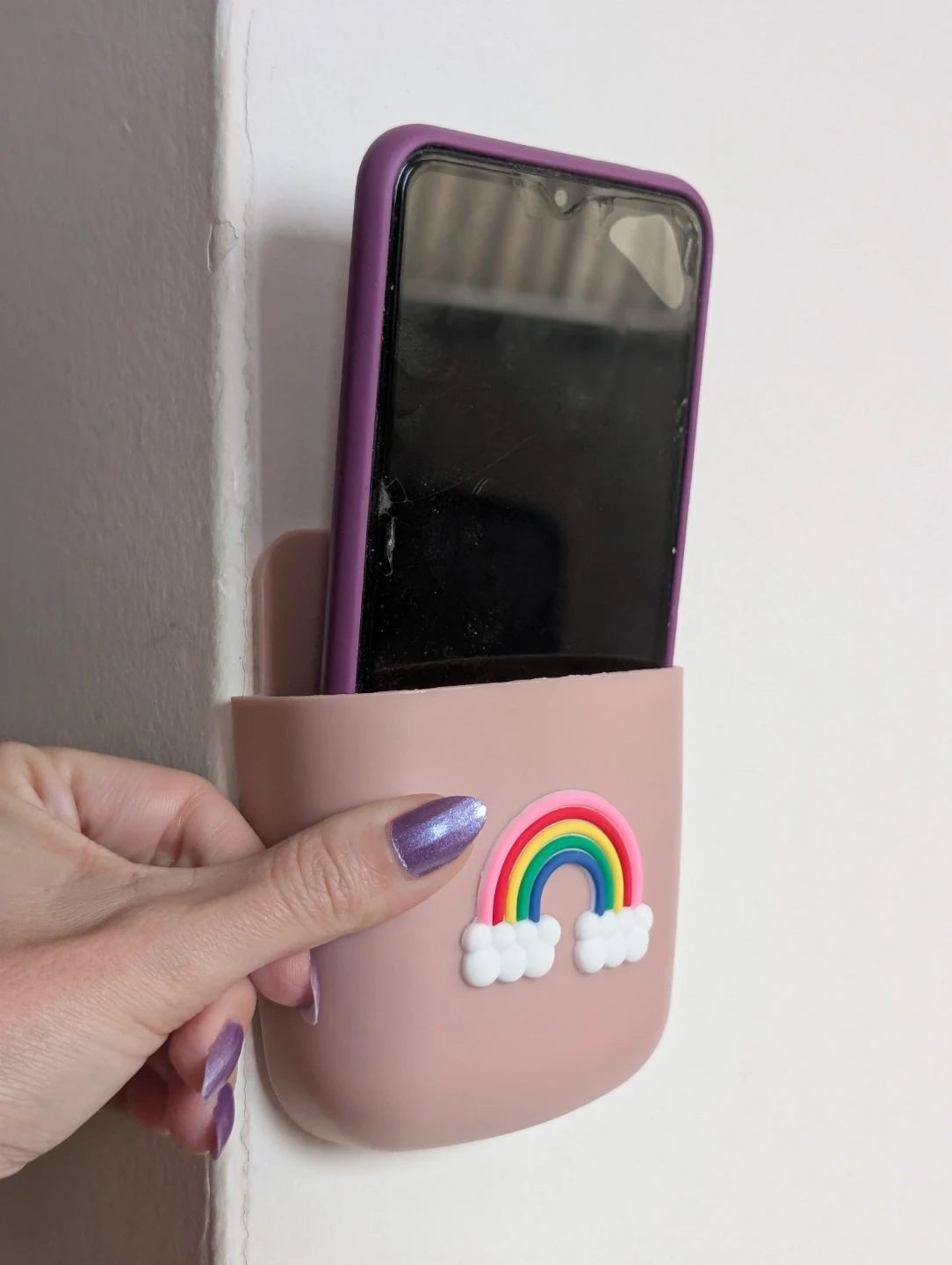 Pink Wall Mount Phone Holder with Rainbow