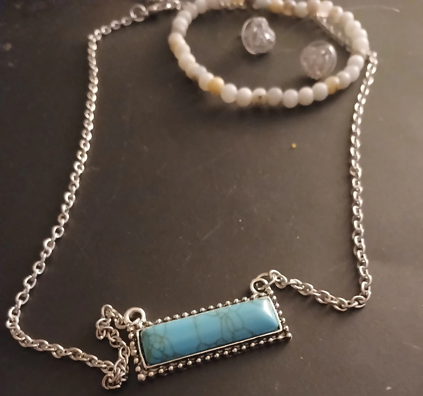 Turquoise Bar Necklace, Beaded Bracelet & Heart Earrings Set