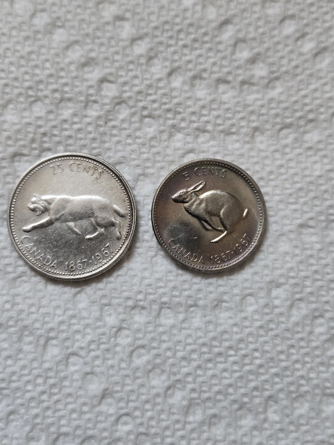 2 Canadian Coins: 25 Cents & 5 Cents (1867-1967)