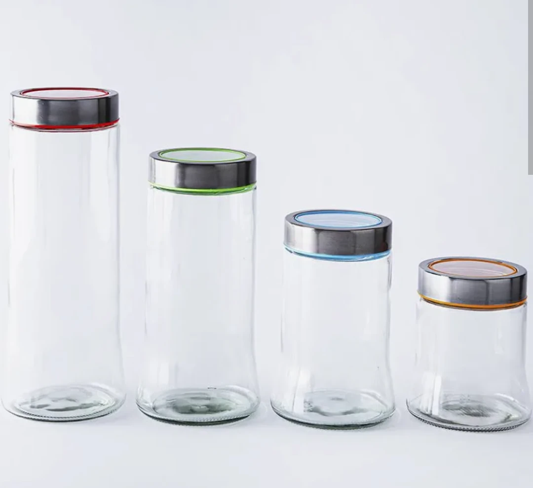 Set of 4 Glass Storage Jars with Coloured Lids