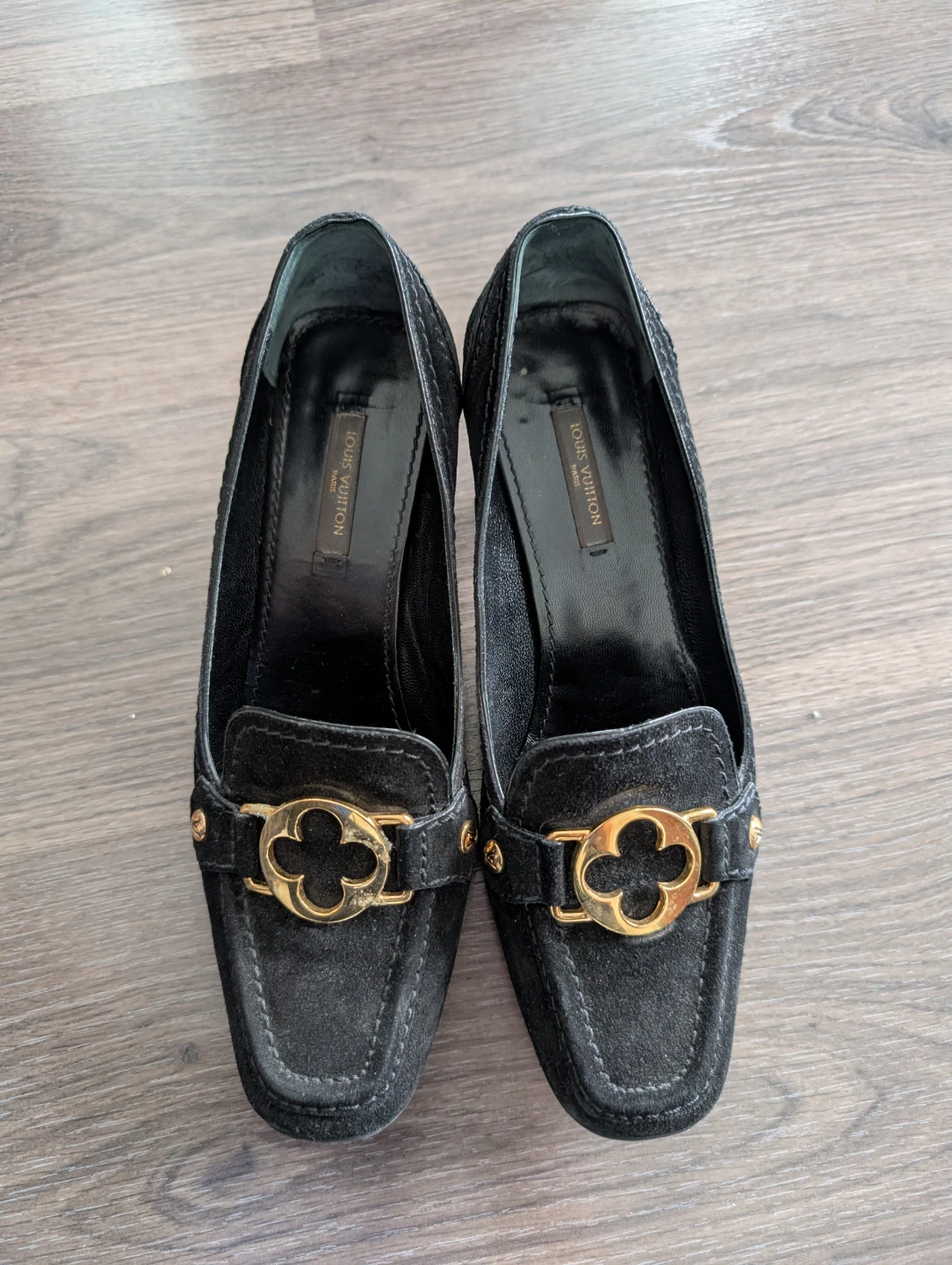 Louis Vuitton Black Suede Loafers with Gold Buckle