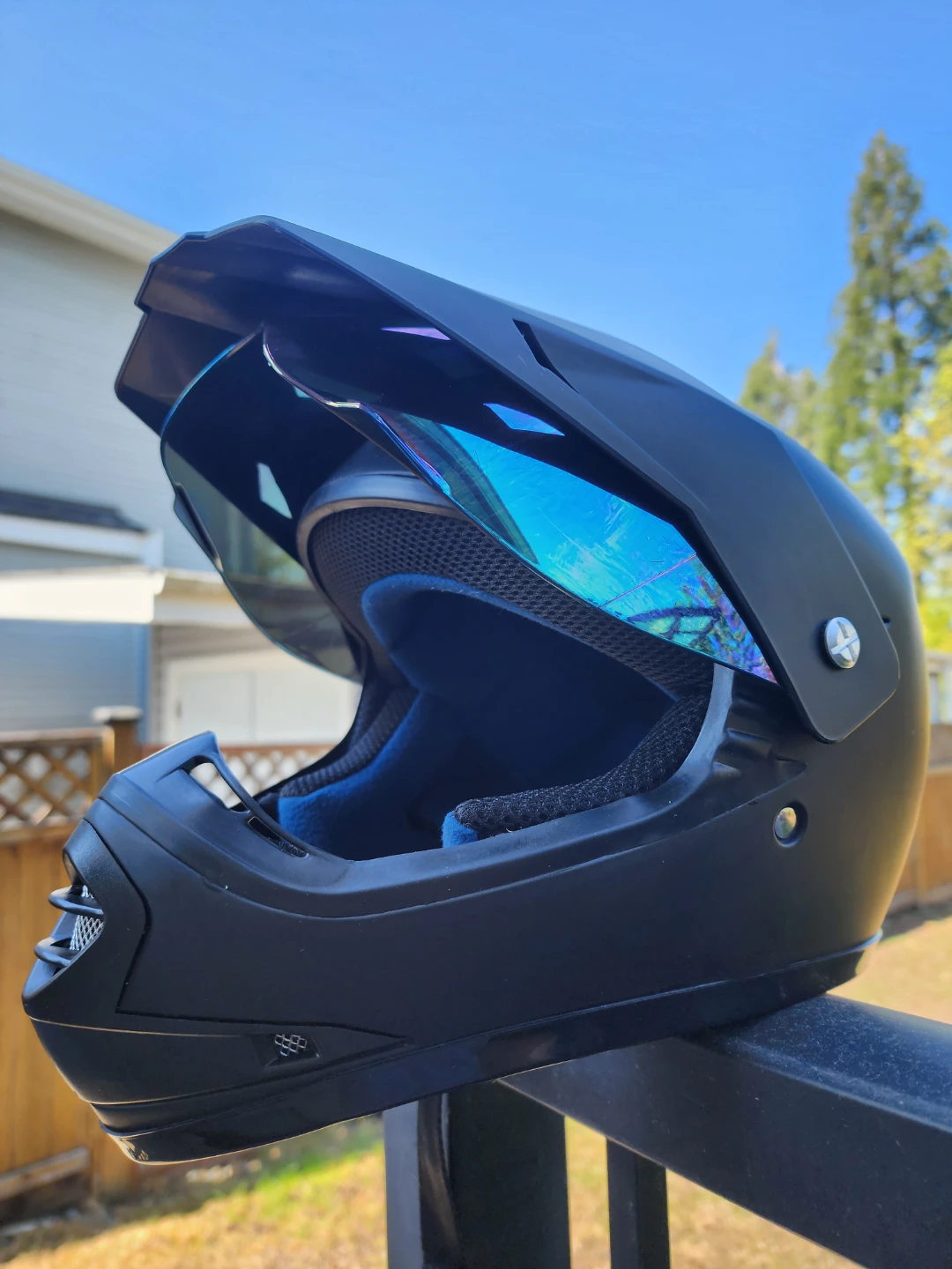 Black Full Face Helmet with Blue Mirrored Visor