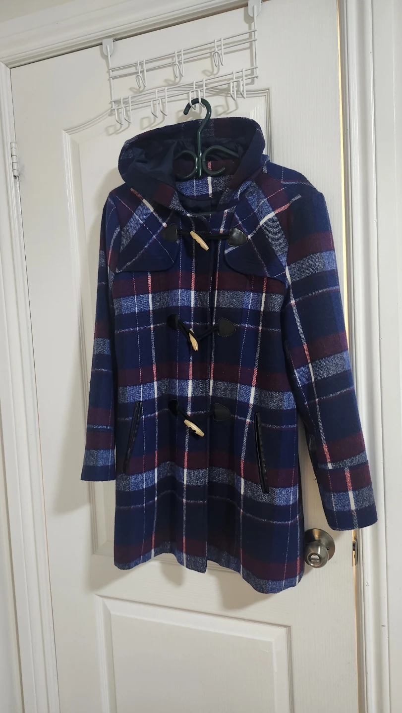 Blue Plaid Duffle Coat with Toggle Closure