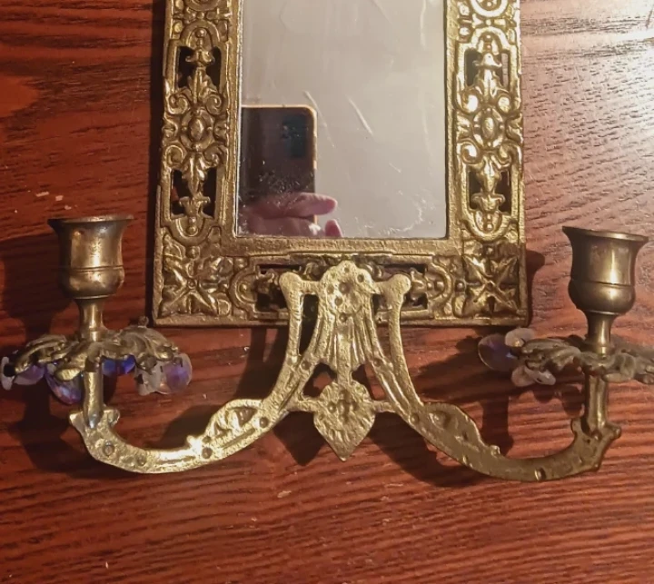 Antique Ornate Gold Gilt Bronze Mirror with Candlestick Holders - photo 2