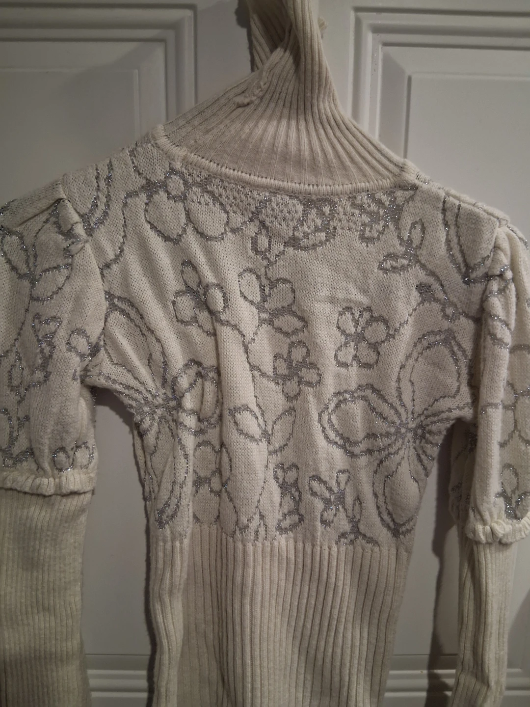 Cream Turtleneck Sweater with Silver Floral Embroidery