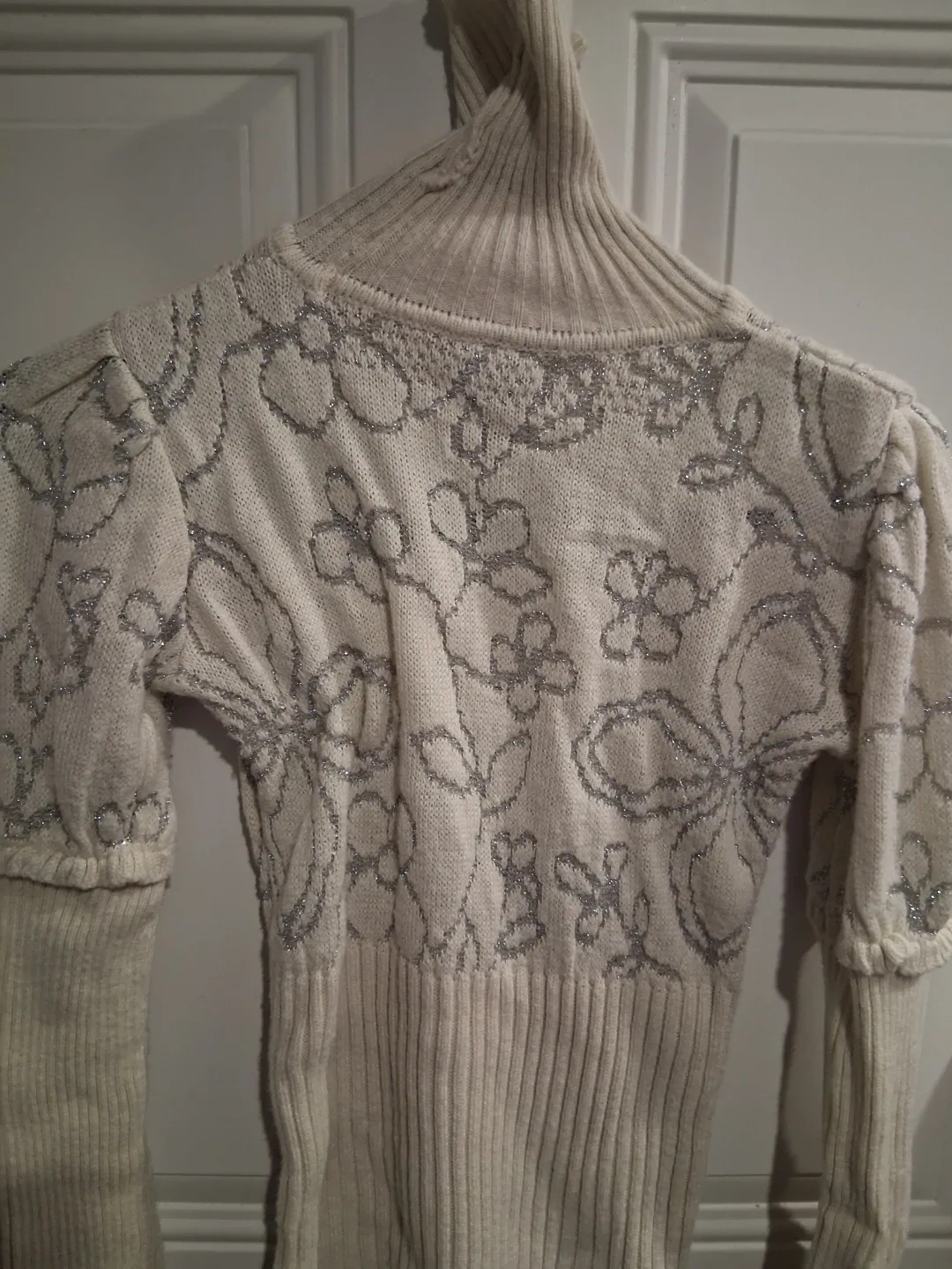 Cream Turtleneck Sweater with Silver Floral Embroidery