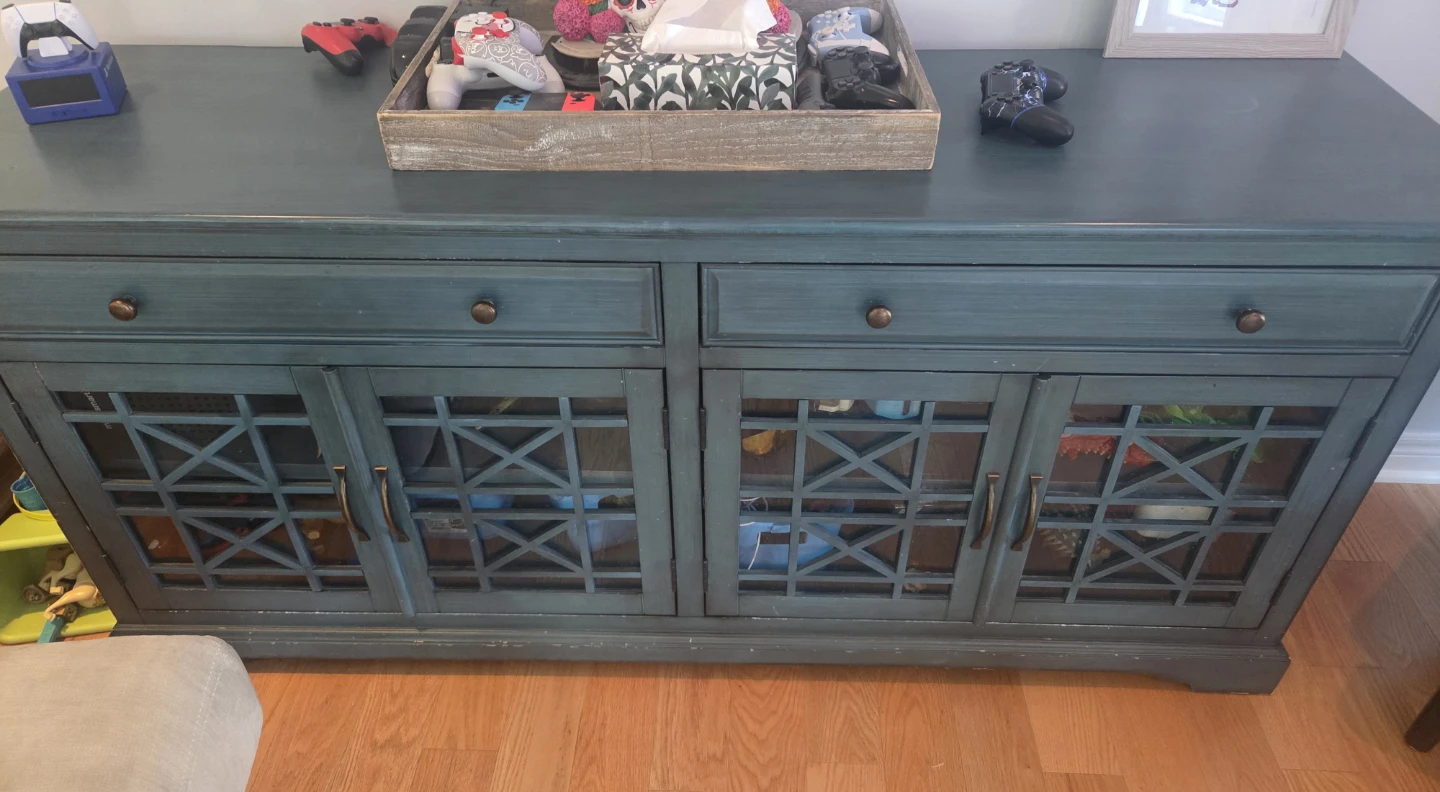 Teal Credenza Cabinet with Glass Doors