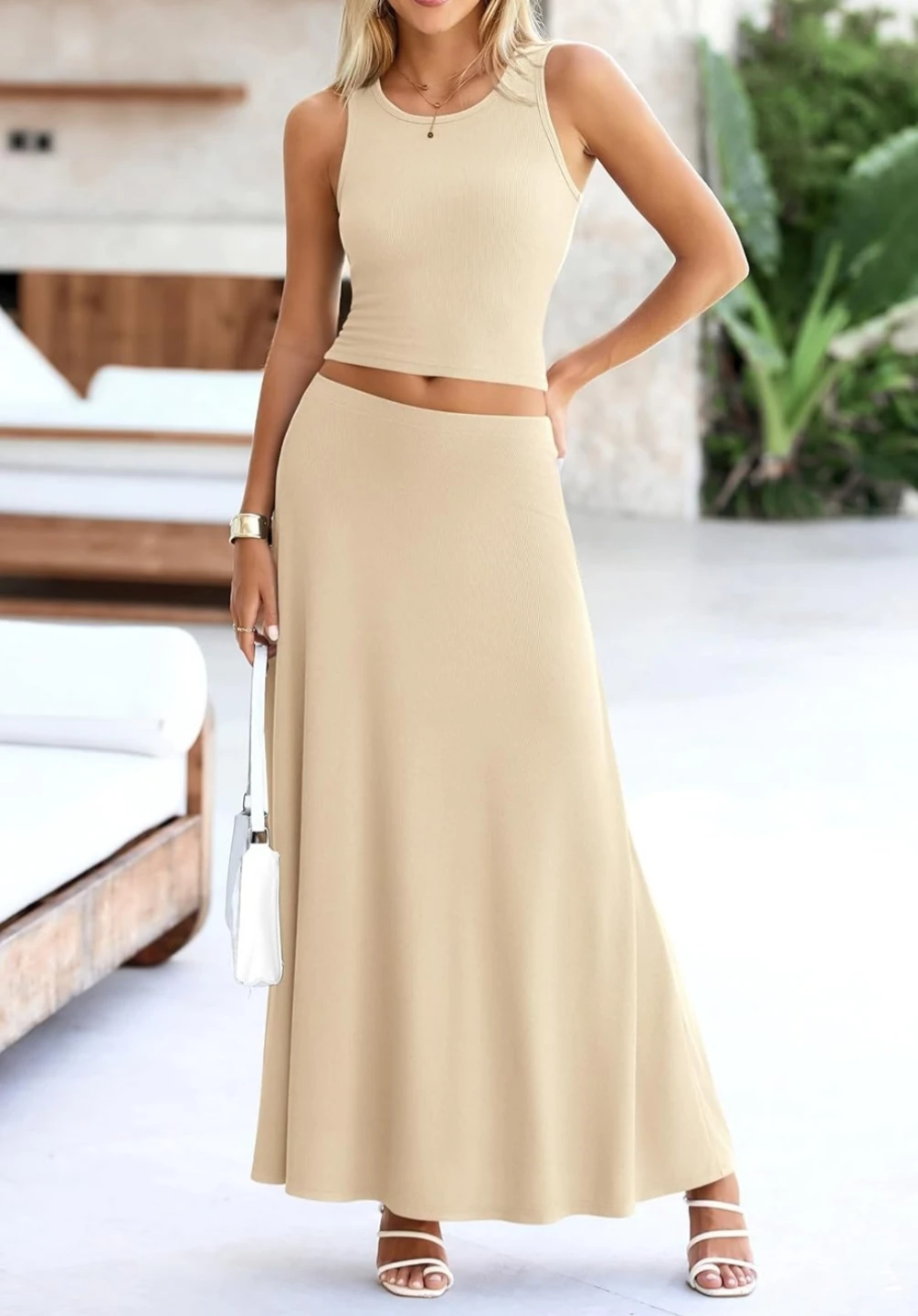 Ribbed Tank Top and Maxi Skirt Set - Cream