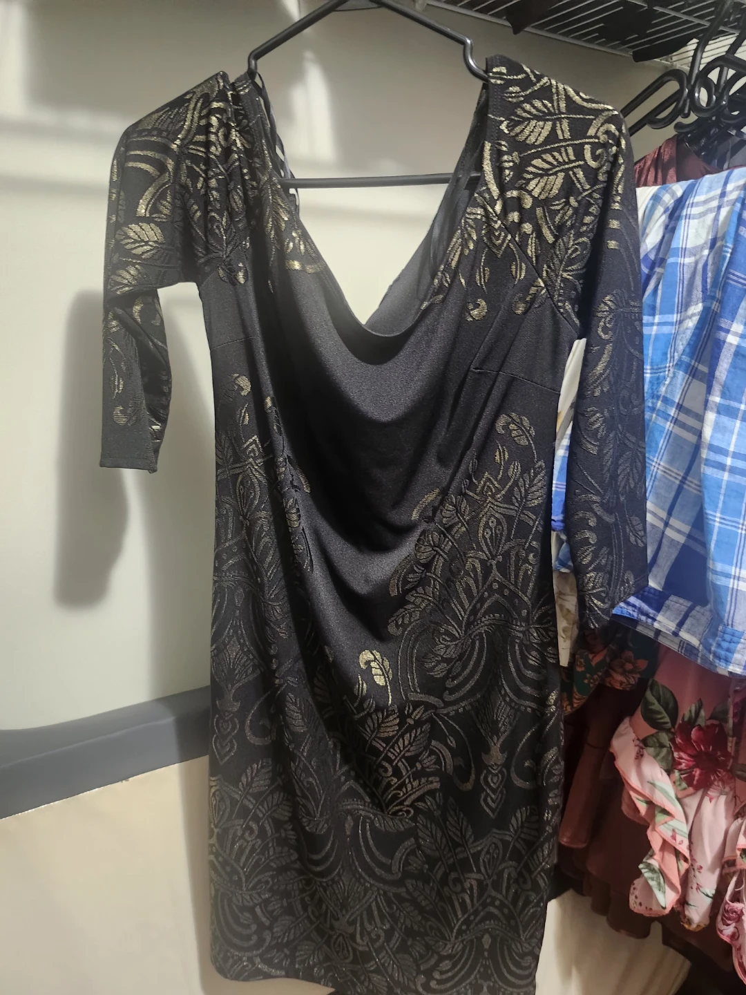 Le Château Black & Gold Print Dress - Medium