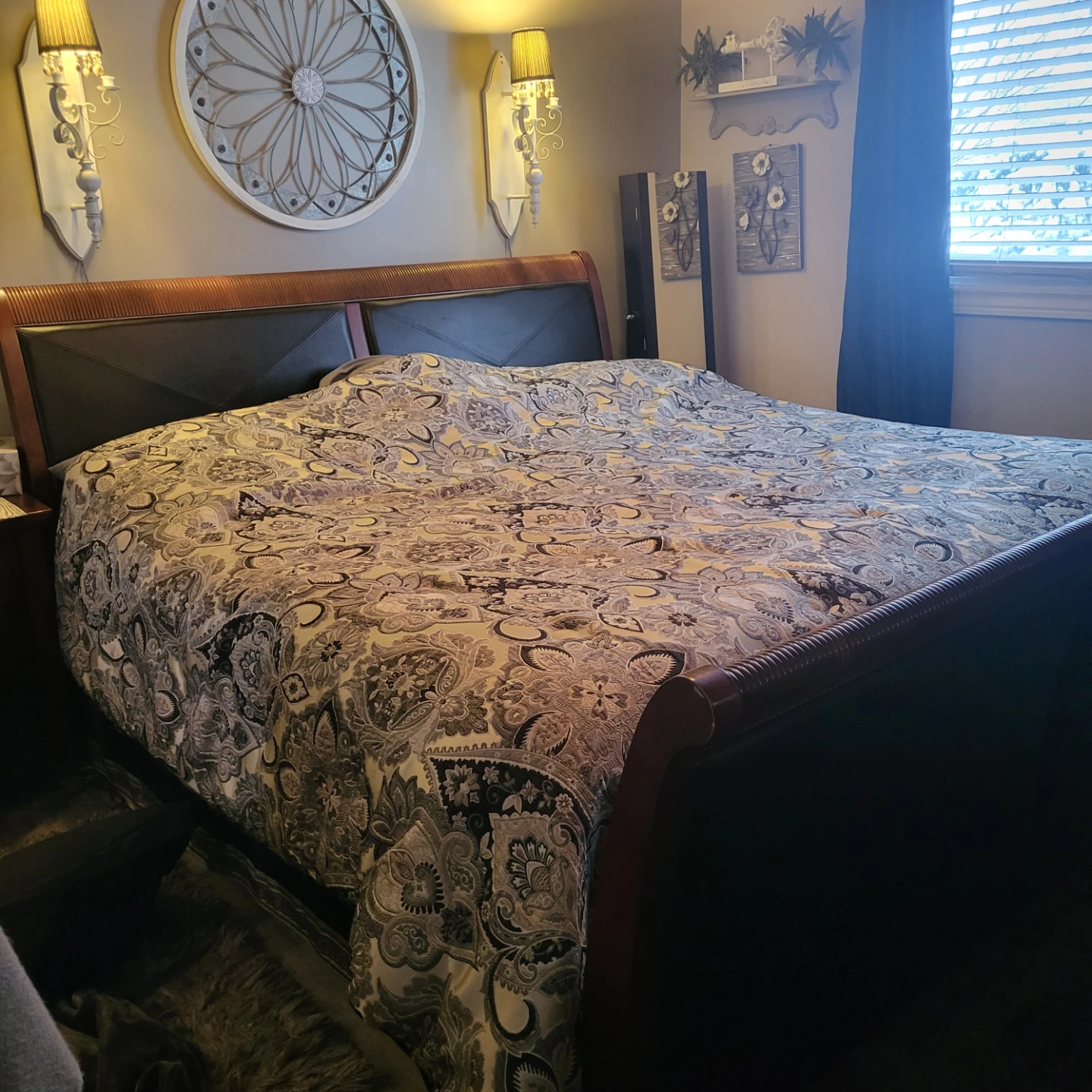 Wooden Sleigh Bed Frame with Black Leather - photo 2