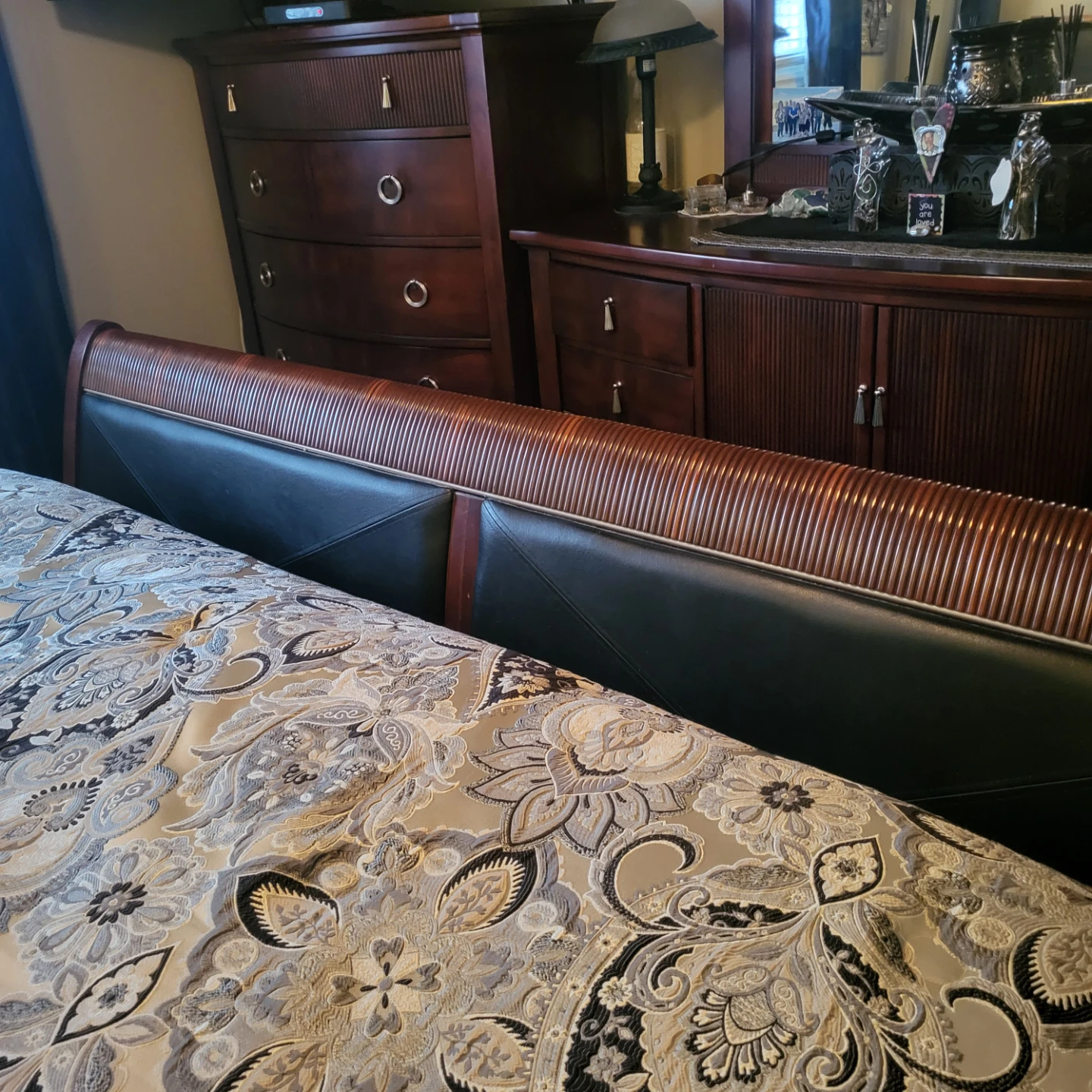 Wooden Sleigh Bed Frame with Black Leather - photo 3