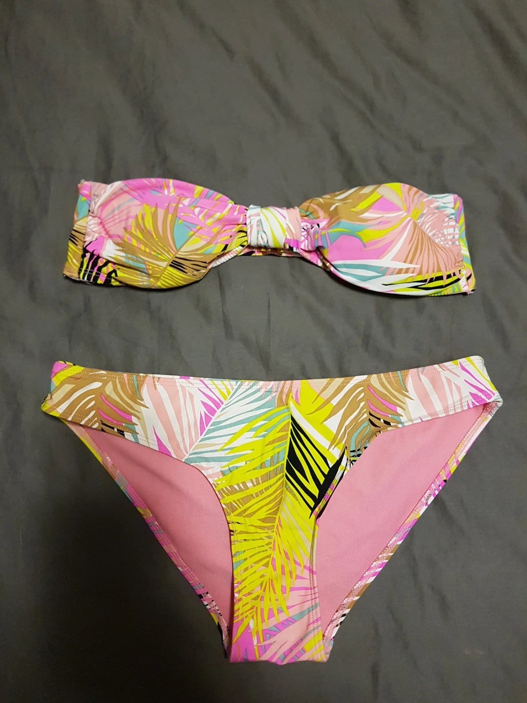 Pink Tropical Print Strapless Bikini Swimsuit small