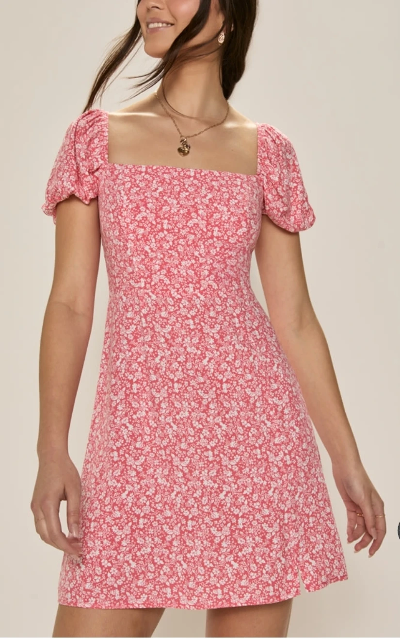 Francesca's Pink Floral Puff Sleeve Mini Dress (L)