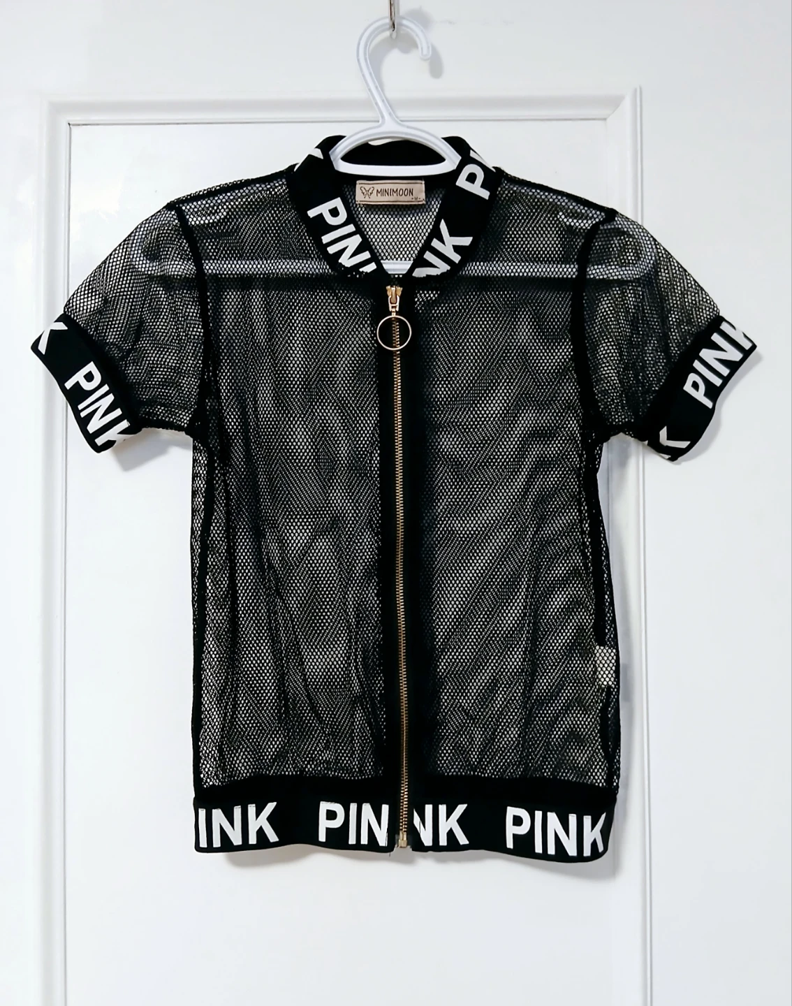 Women Small Black Mesh Zip-Up Top