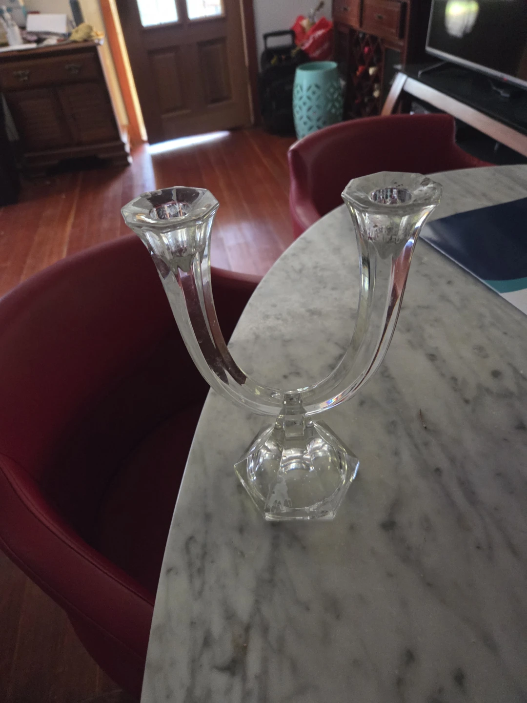 Clear Glass Two-Arm Candlestick Holder