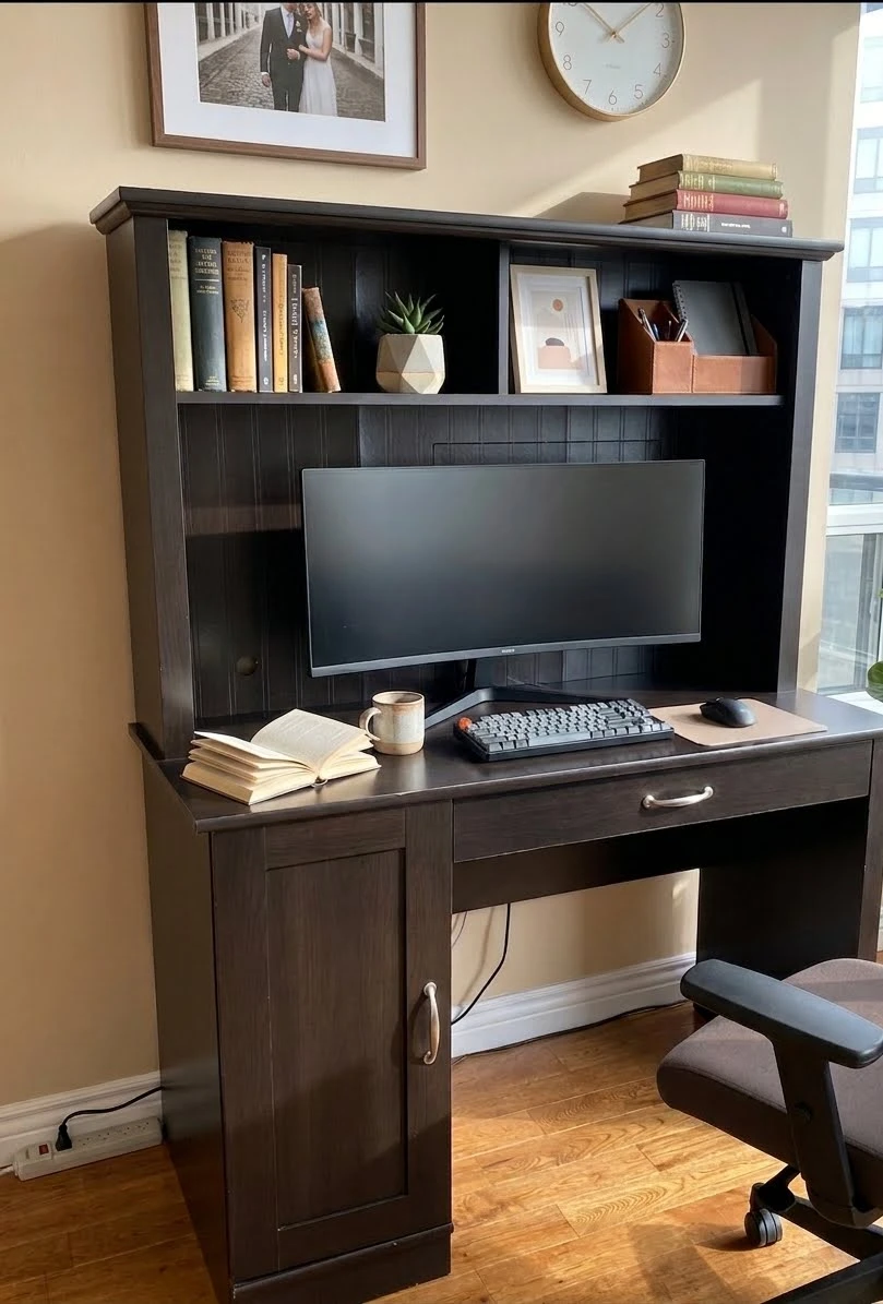 Dark Brown Wooden Desk with Hutch