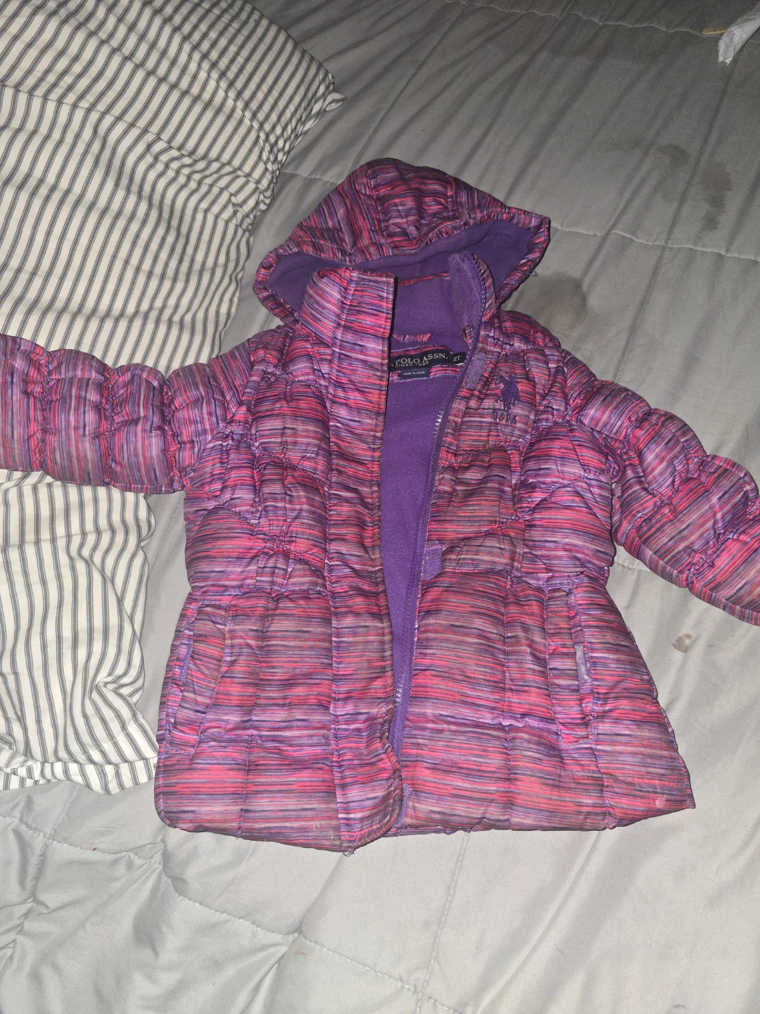 Polo Assn. Girls Puffer Jacket Pink Purple Stripe Size 2T