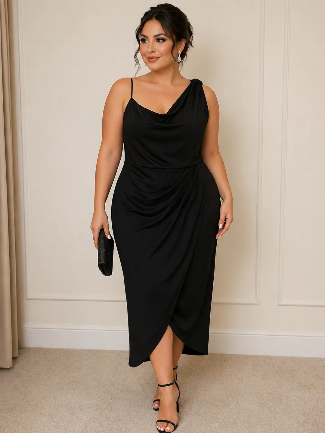 Women's Black One-Shoulder Ruched Midi Dress