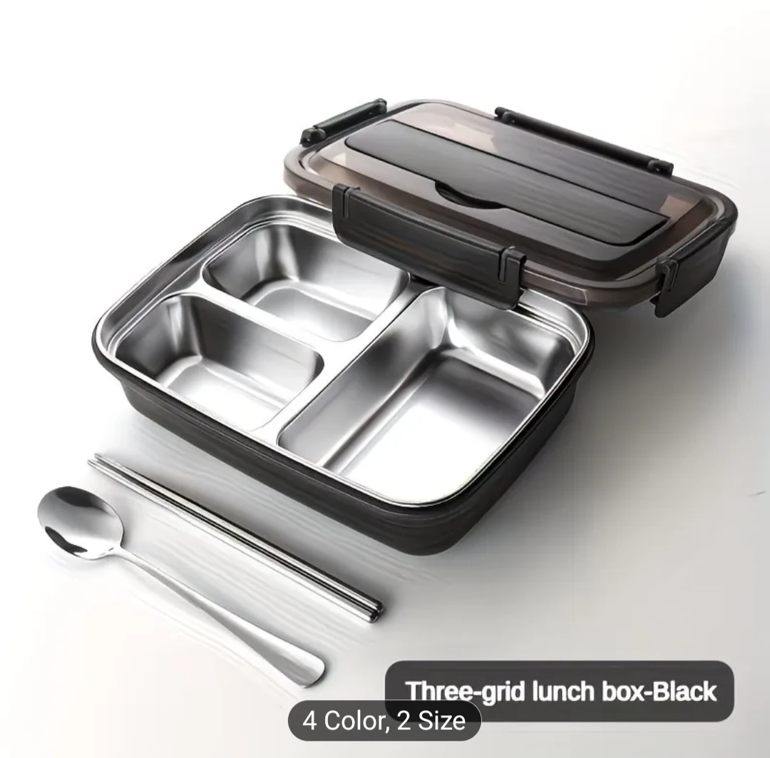 3 Compartment SS Lunch Box w/ Spoon & Chopsticks
