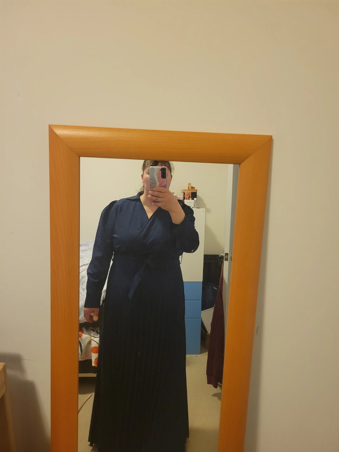 Navy Blue Pleated Midi Dress with Belt - photo 2