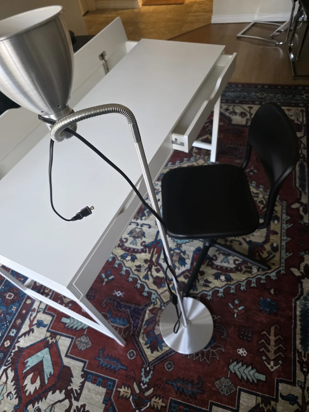 IKEA Desk, Chair, and Light.