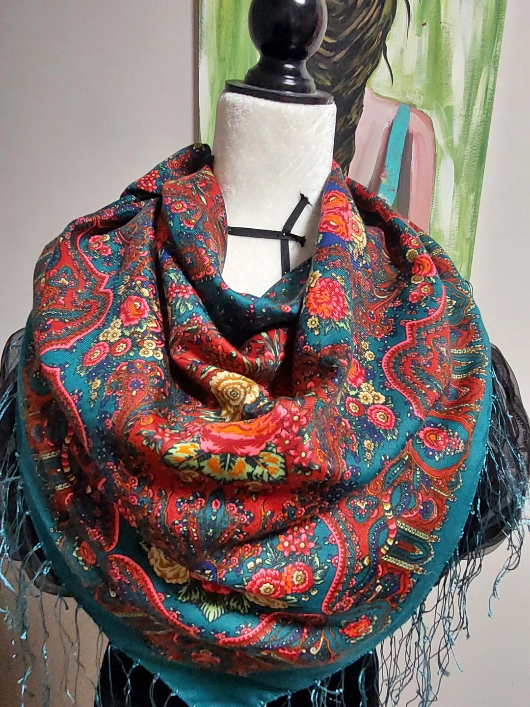 Large Floral Print Scarf with Tassels