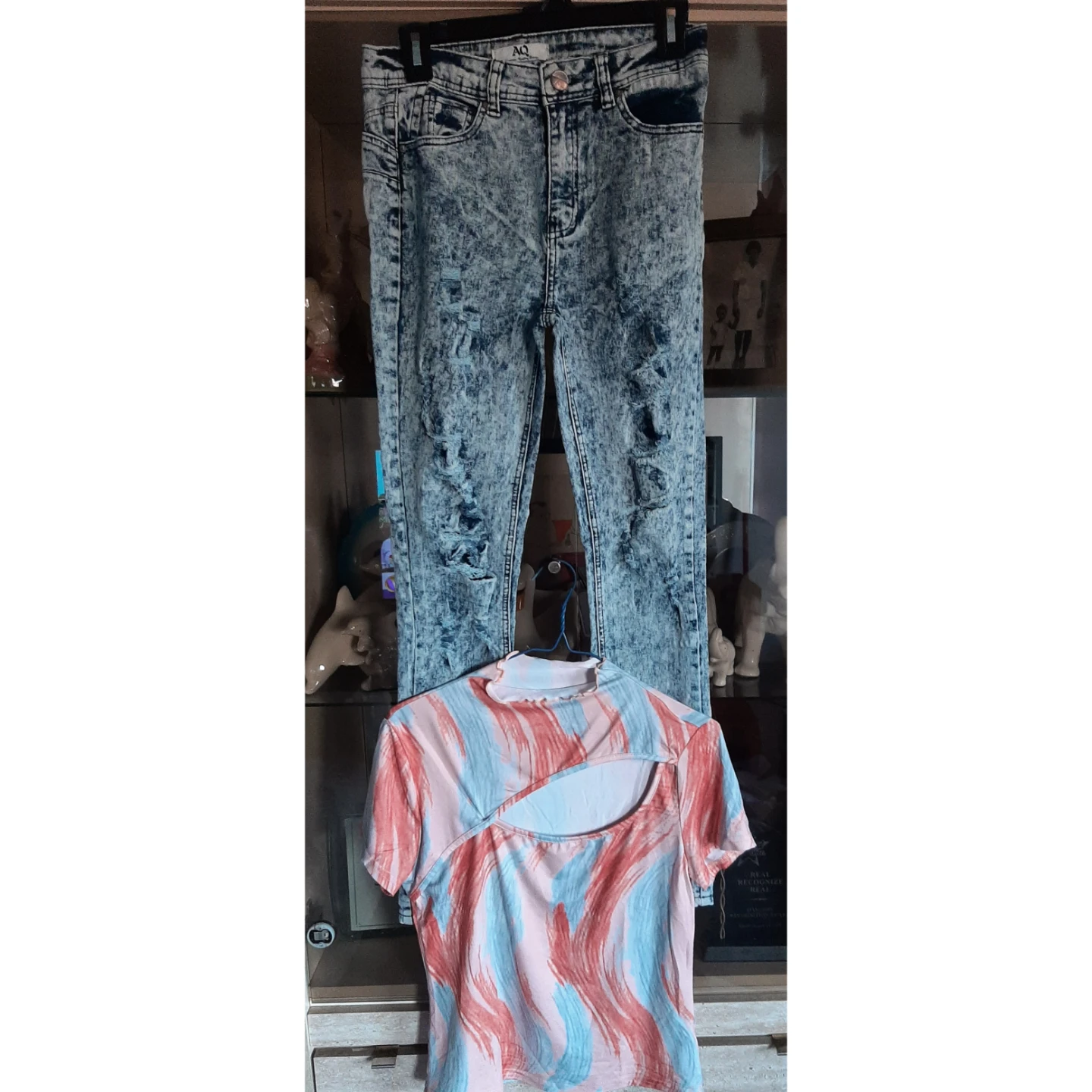 2 pc Women's Acid Wash Ripped Jeans and Cutout Top Set
