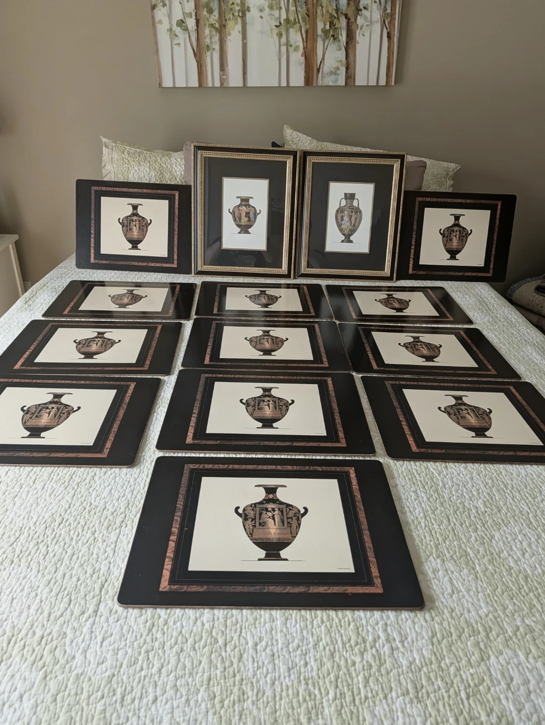 Set of 12 Vintage Greek Vase Placemats & 2 Framed Prints