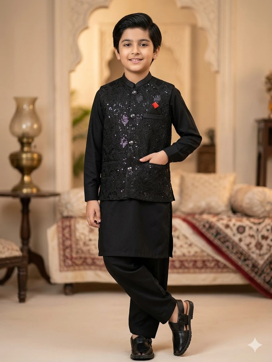 Kids Black Kurta Pajama with Embellished Vest