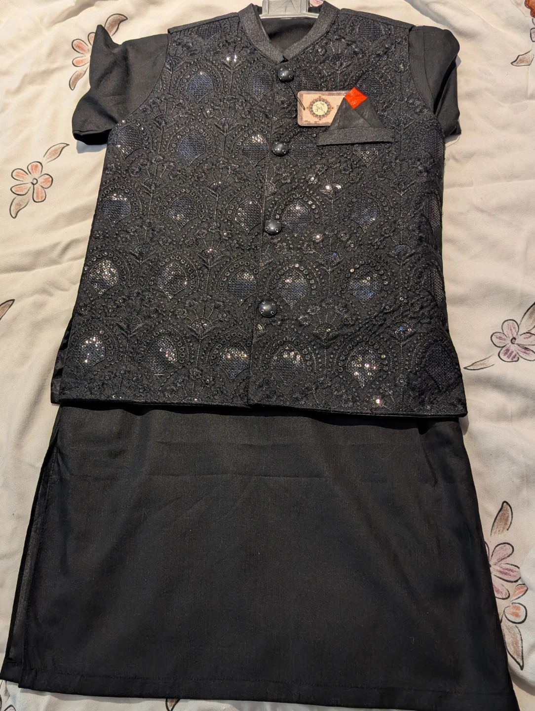 Kids Black Kurta Pajama with Embellished Vest - photo 2