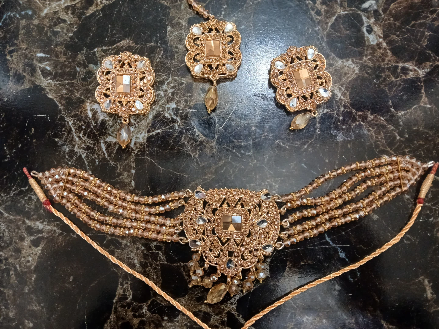 Gold-toned Choker Necklace Set with Earrings and Tikka