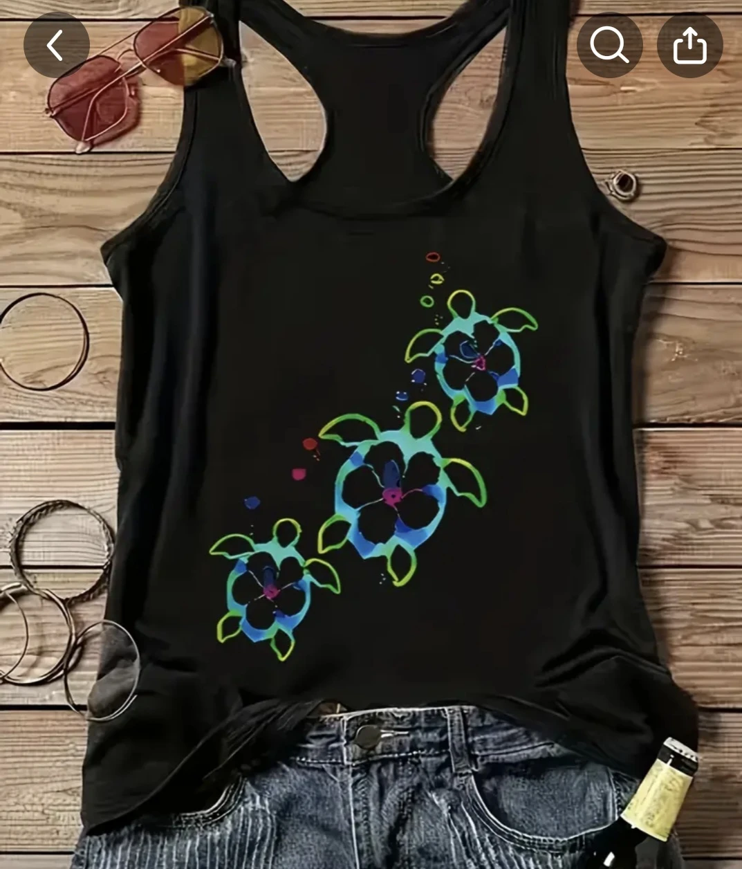 Black Tank Top with Turtle Print