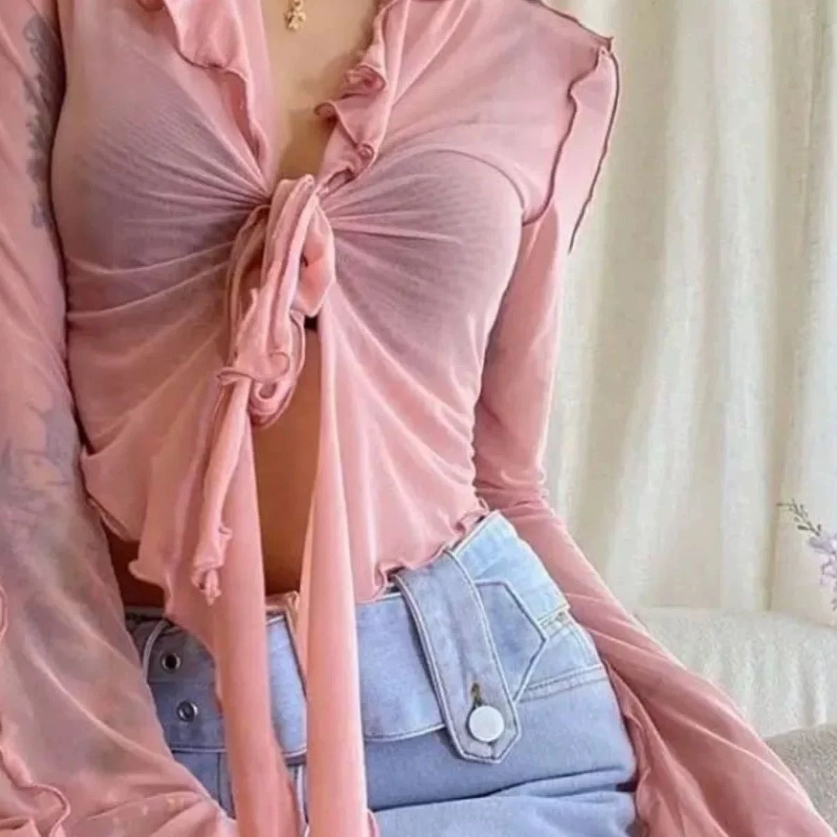 Sheer Pink Tie-Front Long Sleeve Top