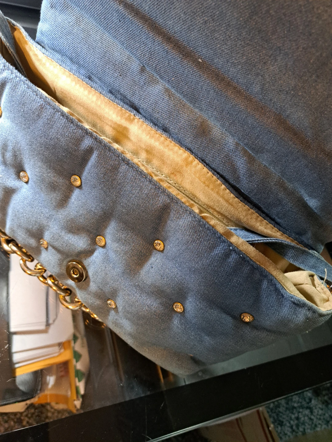 Light Wash Denim Quilted Shoulder Bag with Gold Chain - photo 2