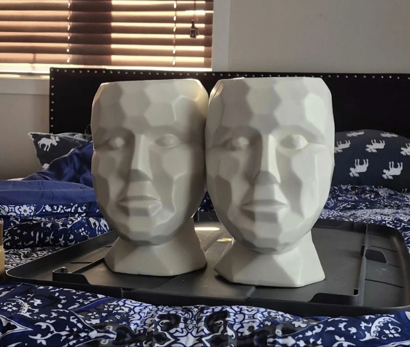 Set of 2 White Geometric Face Planters Vases