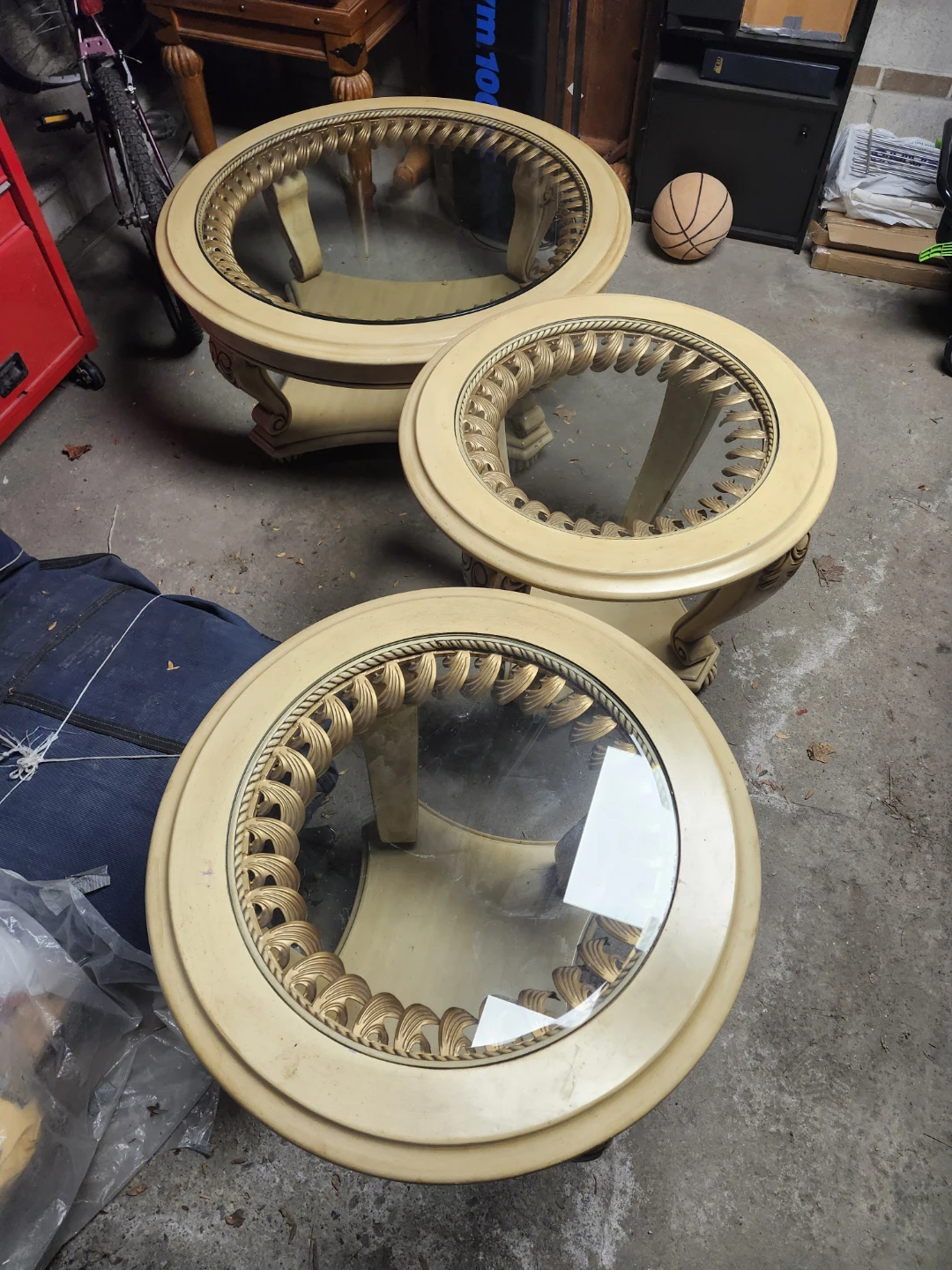 Cream and Gold Round Nesting Tables with Glass Tops