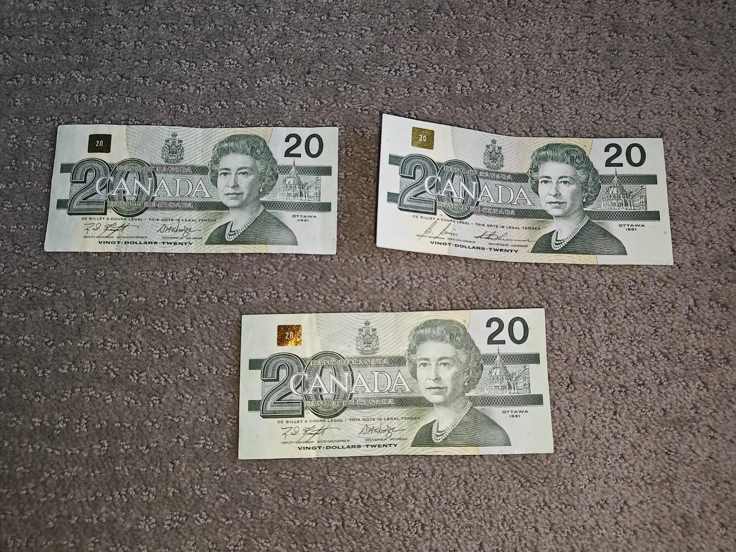 Set of 3 Vintage 1991 Canadian $20 Bills Birds of Canada Series