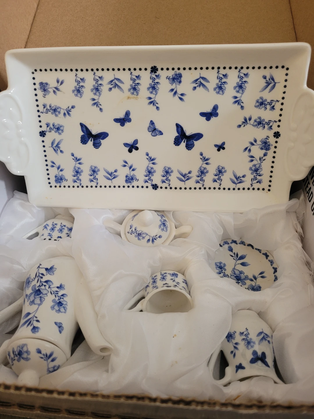 Blue and White Butterfly Teacup Set with Tray - photo 2