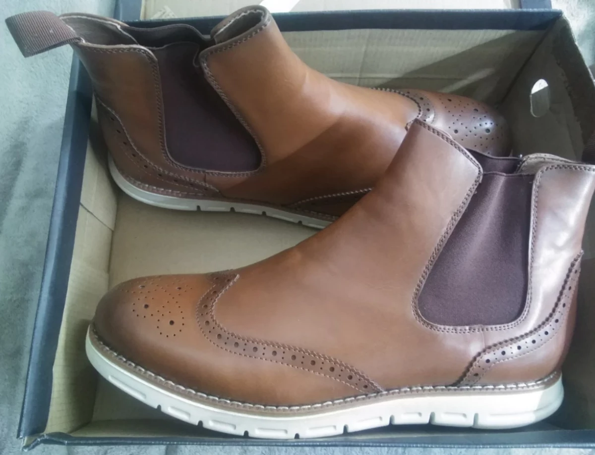 Brown Leather Chelsea Boots with Brogue Detail - Size 12