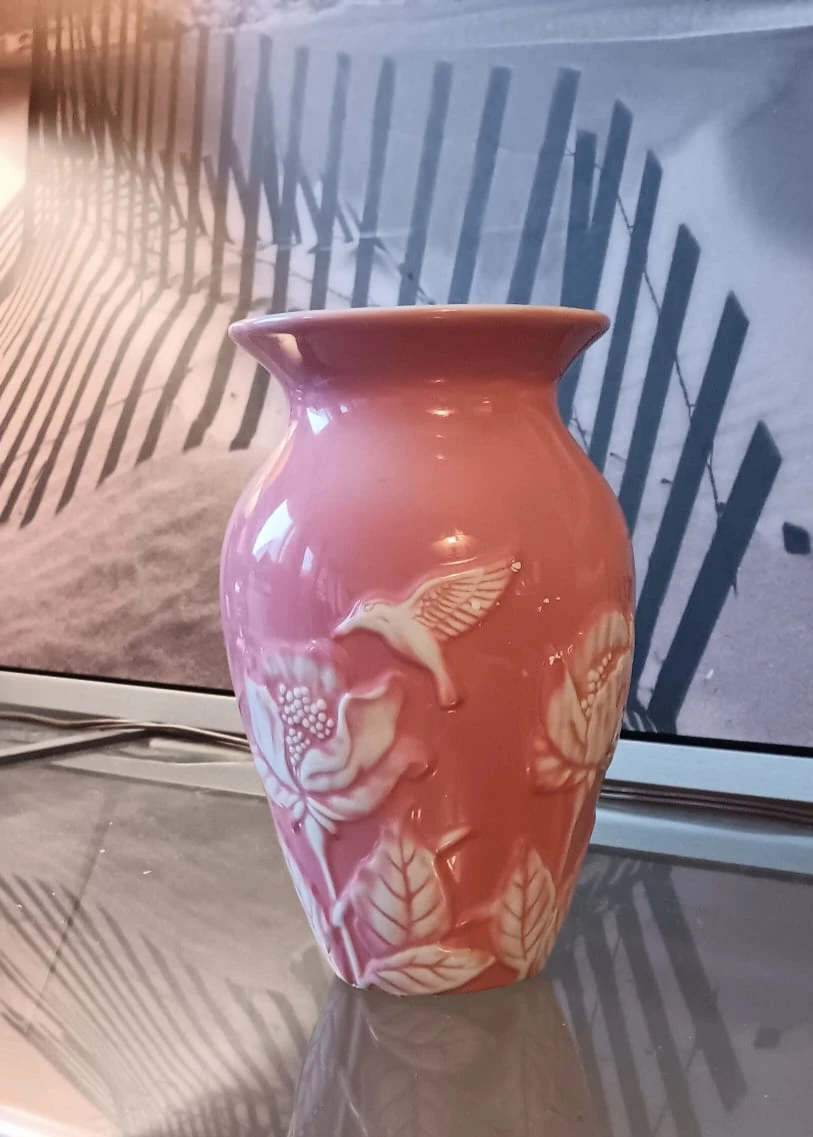 Pink Ceramic Vase with Embossed Flowers and Hummingbird