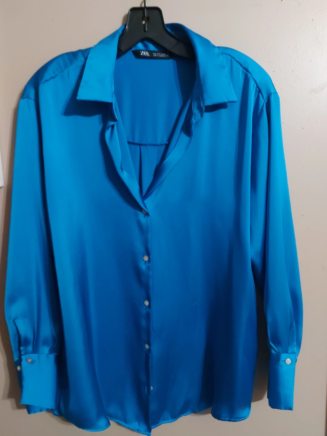 ZARA Blue Satin Button-Up Shirt