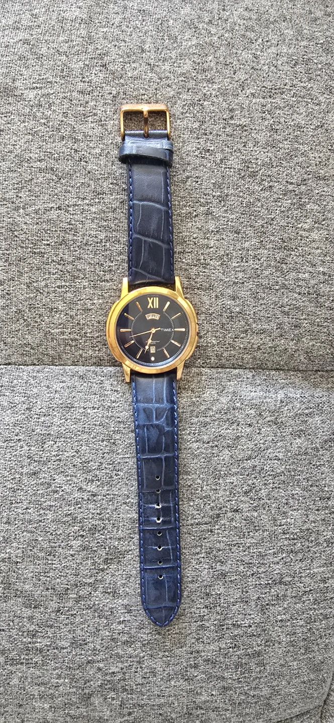 Timex Gold Tone Analog Watch with Blue Croc Strap