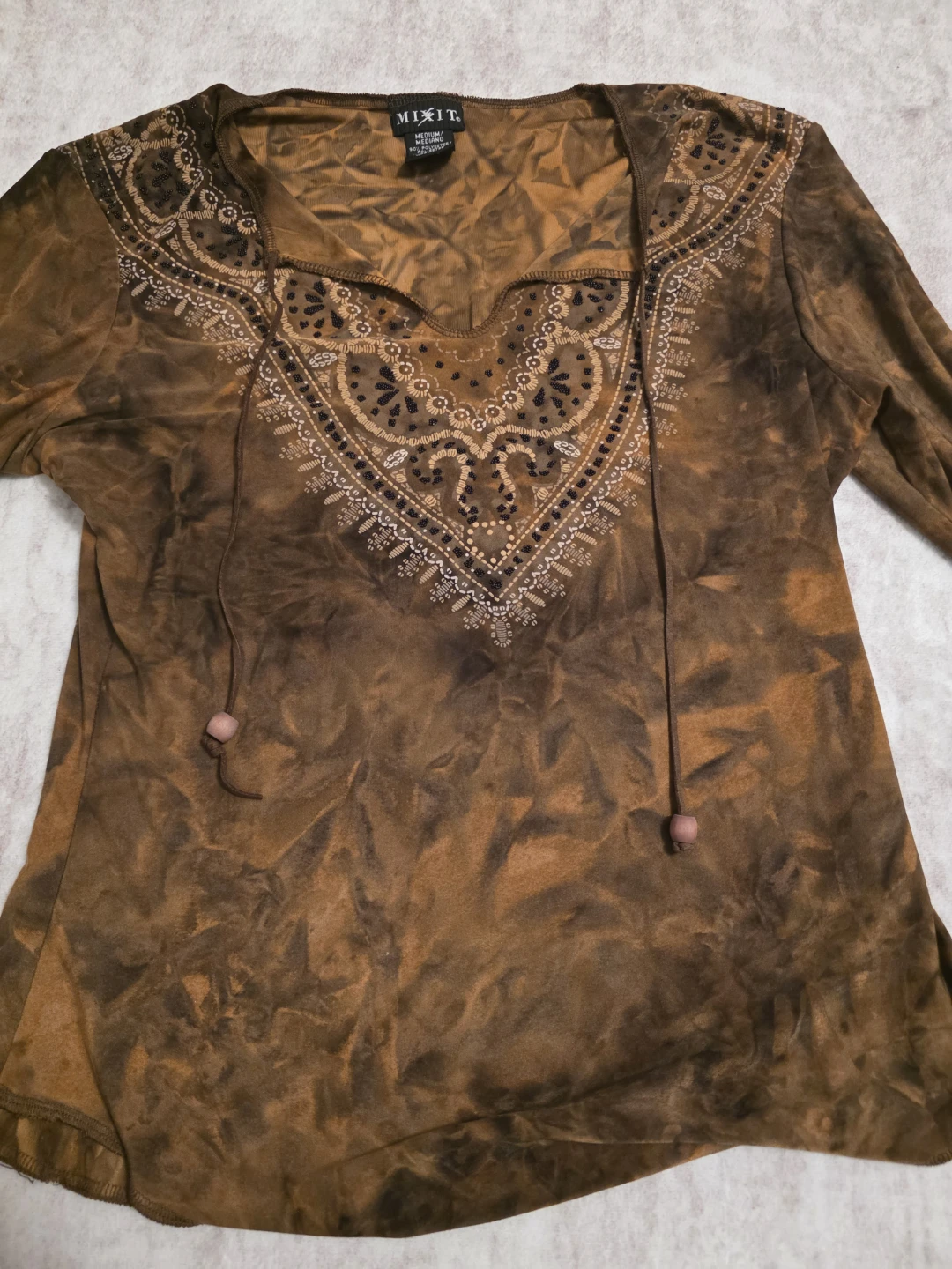 MIXXIT Tie-Dye Long Sleeve Top with Beaded Neckline