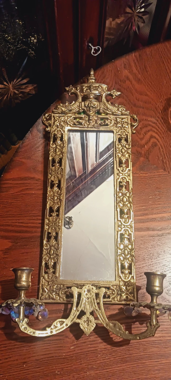 Antique Ornate Gold Gilt Bronze Mirror with Candlestick Holders
