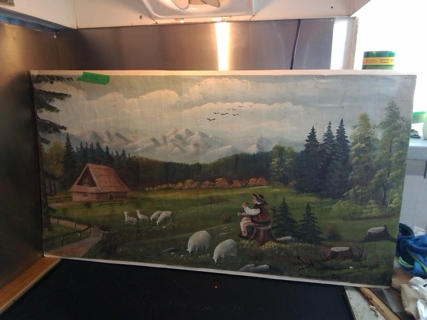 Folk Art Oil Painting on canvas Signed 36x20"