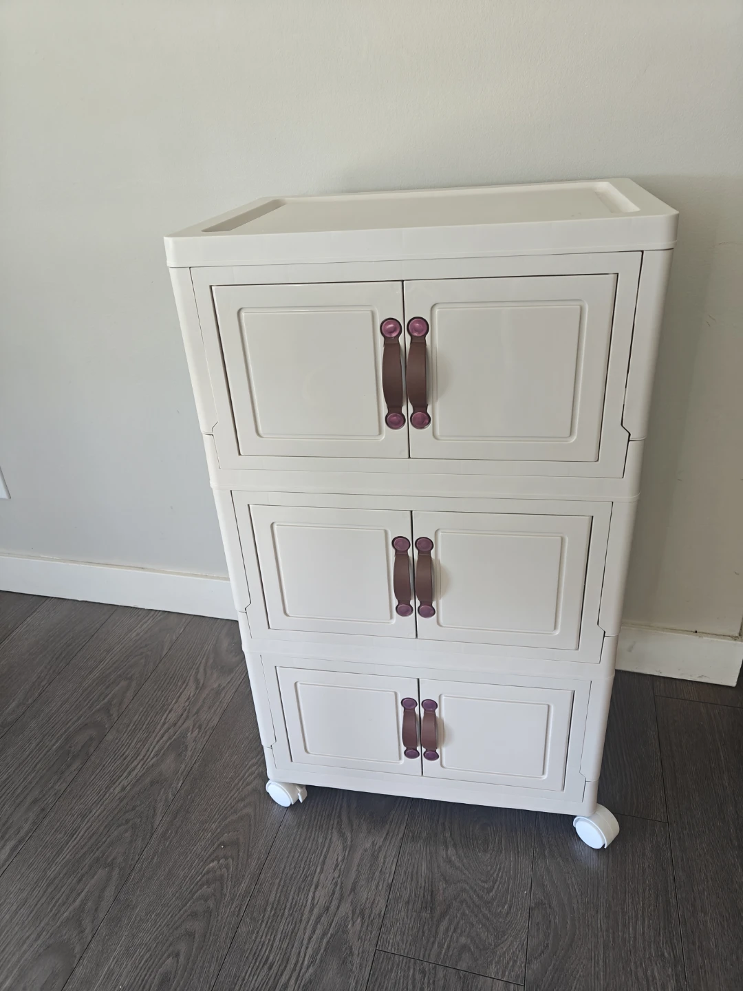 Cream 3-Tier Plastic Storage Cabinet with Wheels