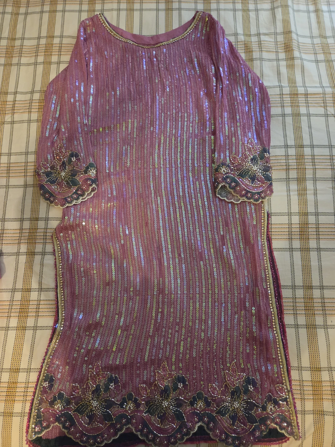 Women's Sequined Kurti and Pants Set - Pink